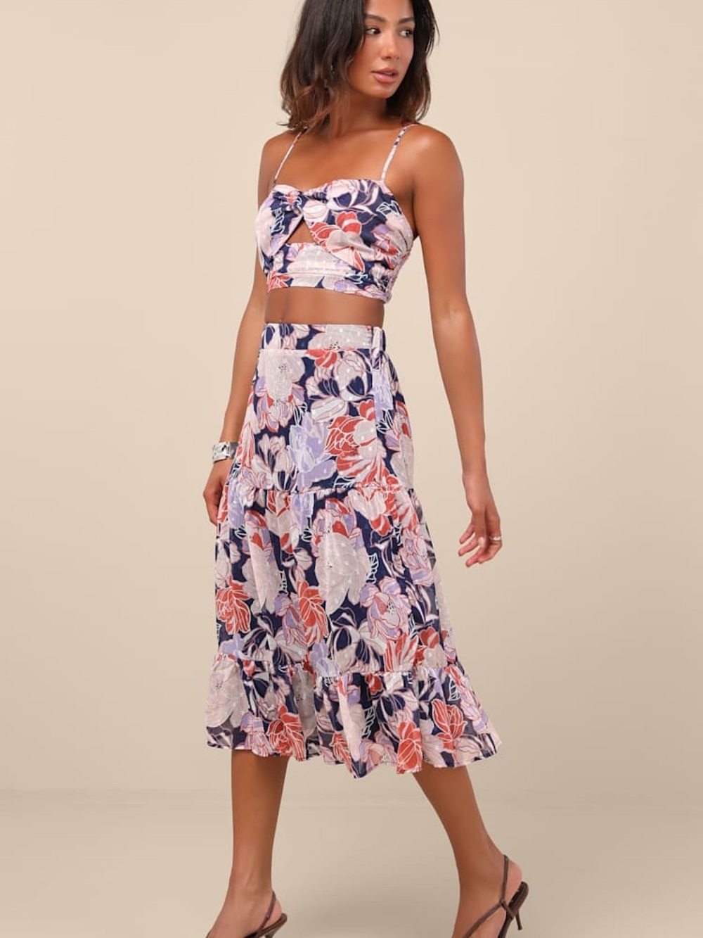 Lulu's Navy Floral Tie-Front Tiered Midi Skirt